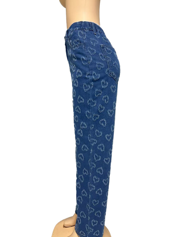 Heart Shaped Crochet Washed Straight Jeans-[Adult]-[Female]-2022 Online Blue Zone Planet