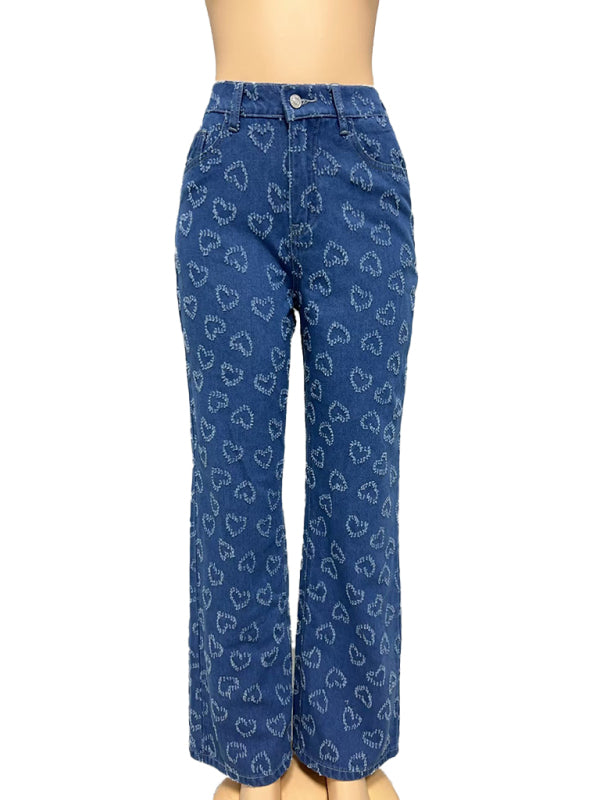 Heart Shaped Crochet Washed Straight Jeans-[Adult]-[Female]-2022 Online Blue Zone Planet