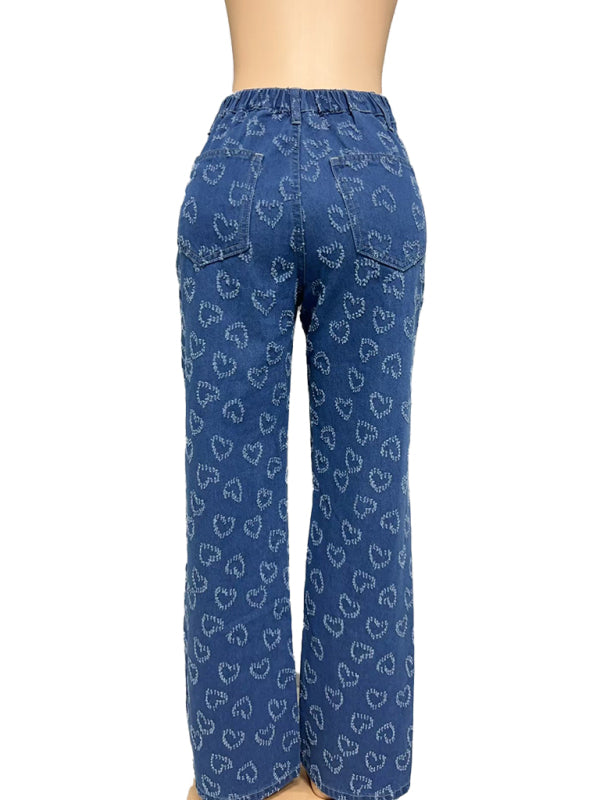 Heart Shaped Crochet Washed Straight Jeans-[Adult]-[Female]-2022 Online Blue Zone Planet