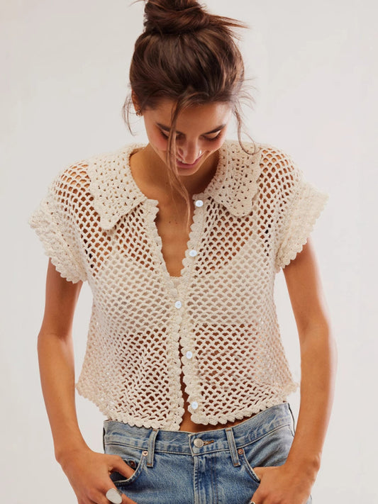 New style cardigan short sleeve loose lapel fashionable solid color hollow women's knitted sweater-[Adult]-[Female]-White-S-2022 Online Blue Zone Planet
