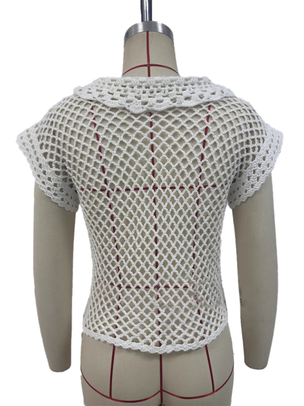 New style cardigan short sleeve loose lapel fashionable solid color hollow women's knitted sweater-[Adult]-[Female]-2022 Online Blue Zone Planet