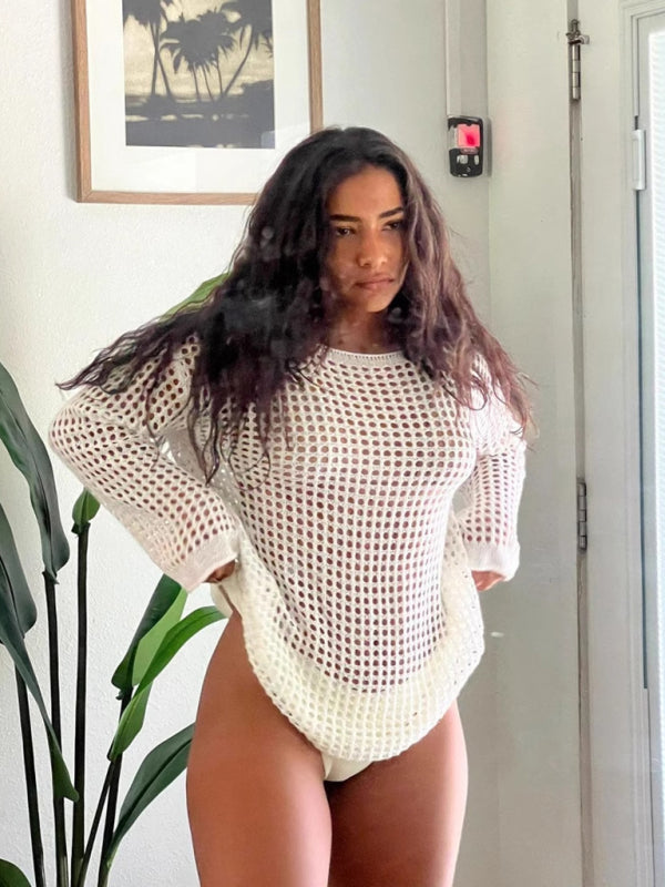 Beach Vacation Sexy Loose Bikini Beach Cover Up Pullover Cardigan-[Adult]-[Female]-White-S-2022 Online Blue Zone Planet