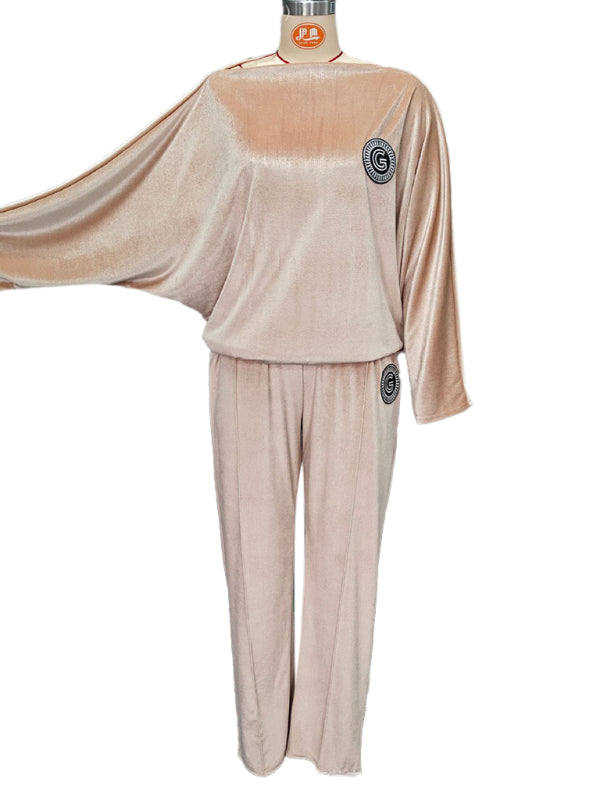 Gold velvet solid color round neck bat sleeves casual two-piece set-[Adult]-[Female]-2022 Online Blue Zone Planet