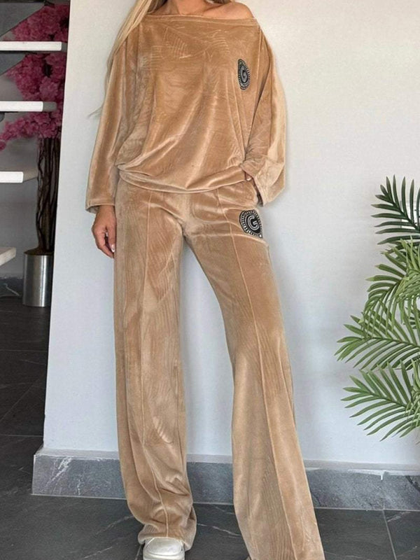 Gold velvet solid color round neck bat sleeves casual two-piece set-[Adult]-[Female]-Cracker khaki-S-2022 Online Blue Zone Planet