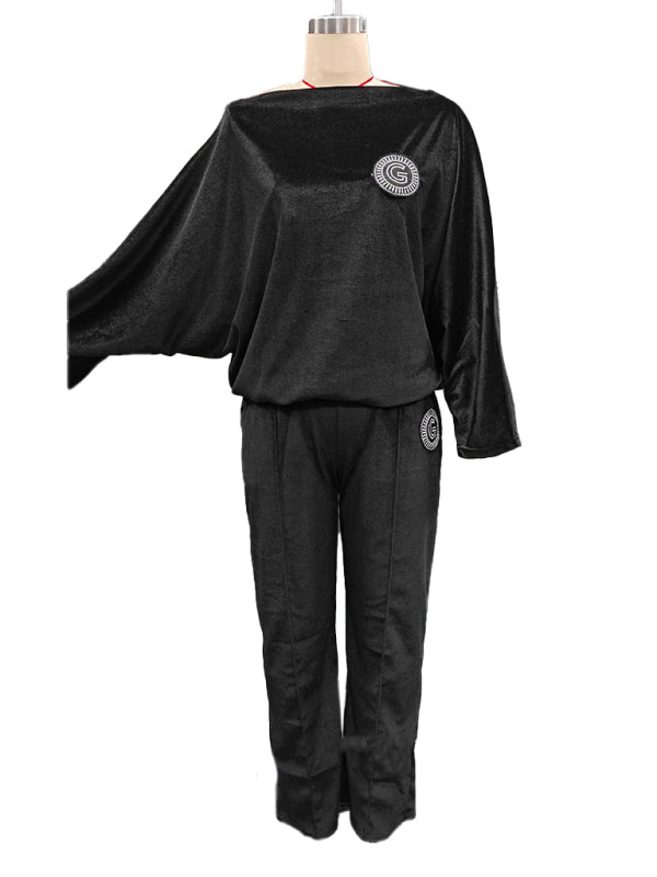 Gold velvet solid color round neck bat sleeves casual two-piece set-[Adult]-[Female]-2022 Online Blue Zone Planet