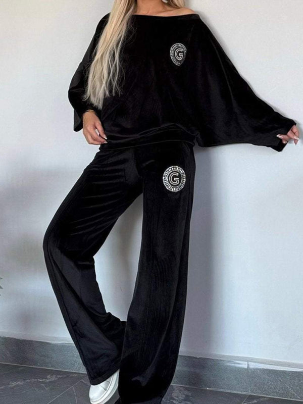 Gold velvet solid color round neck bat sleeves casual two-piece set-[Adult]-[Female]-2022 Online Blue Zone Planet