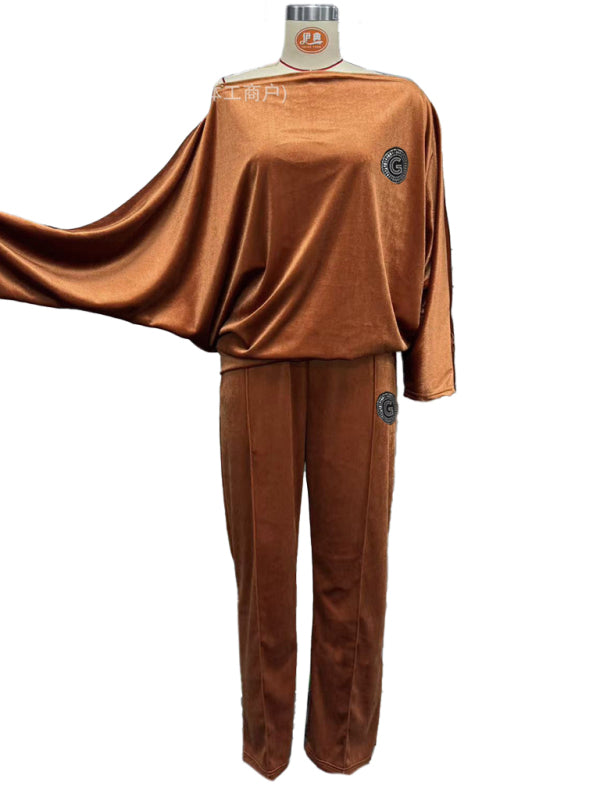 Gold velvet solid color round neck bat sleeves casual two-piece set-[Adult]-[Female]-2022 Online Blue Zone Planet