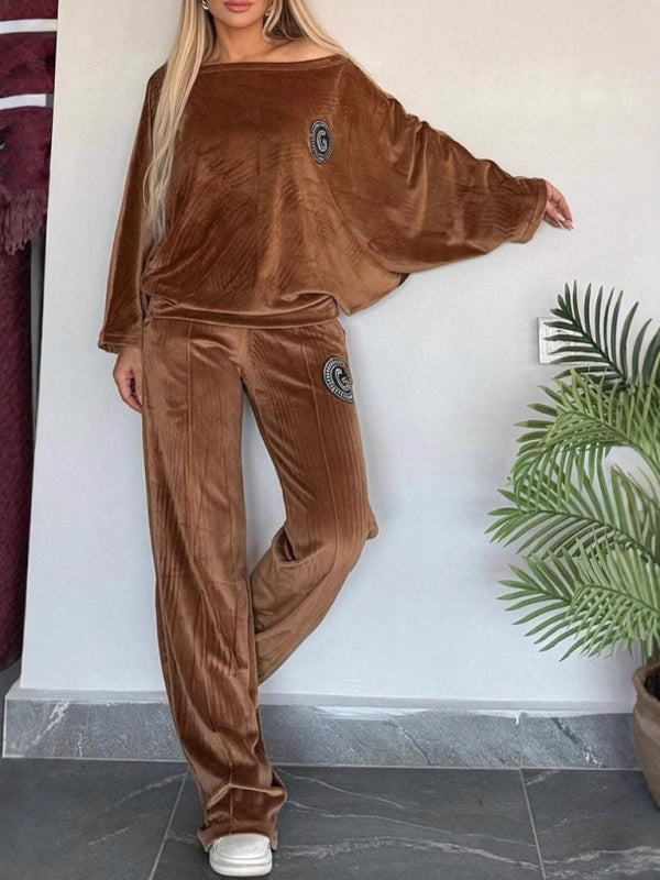 Gold velvet solid color round neck bat sleeves casual two-piece set-[Adult]-[Female]-2022 Online Blue Zone Planet