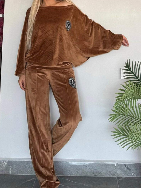 Gold velvet solid color round neck bat sleeves casual two-piece set-[Adult]-[Female]-2022 Online Blue Zone Planet