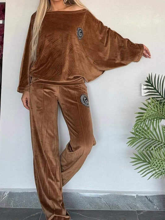 Gold velvet solid color round neck bat sleeves casual two-piece set-[Adult]-[Female]-Dark Brown-S-2022 Online Blue Zone Planet