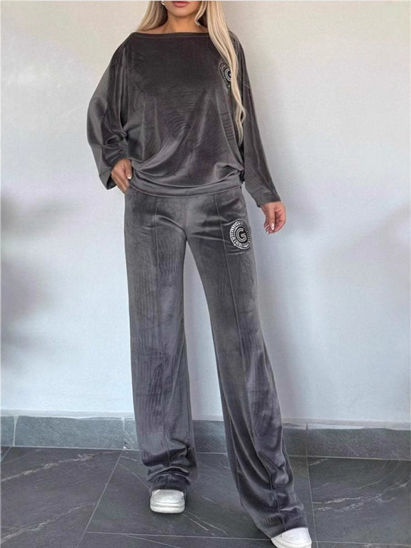 Gold velvet solid color round neck bat sleeves casual two-piece set-[Adult]-[Female]-2022 Online Blue Zone Planet