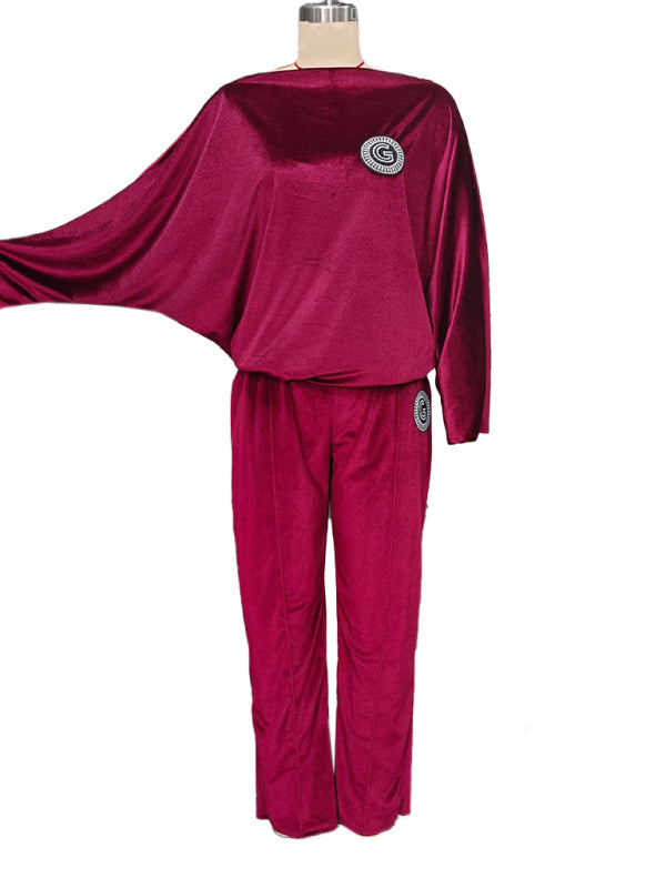 Gold velvet solid color round neck bat sleeves casual two-piece set-[Adult]-[Female]-2022 Online Blue Zone Planet