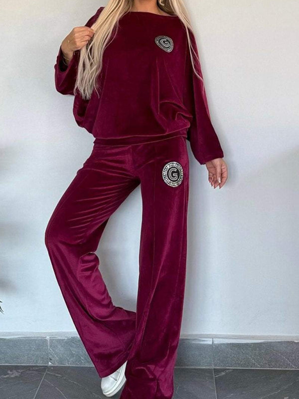 Gold velvet solid color round neck bat sleeves casual two-piece set-[Adult]-[Female]-Purplish red-S-2022 Online Blue Zone Planet