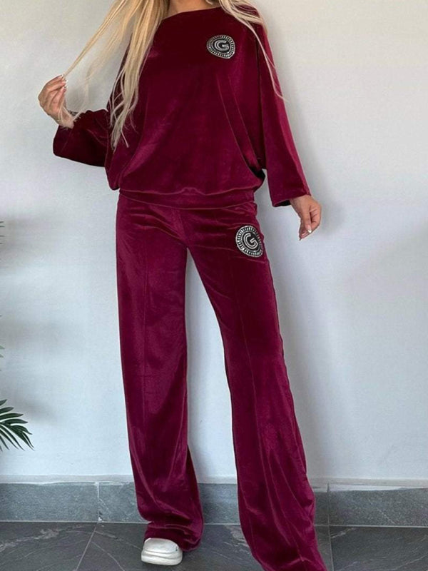 Gold velvet solid color round neck bat sleeves casual two-piece set-[Adult]-[Female]-2022 Online Blue Zone Planet