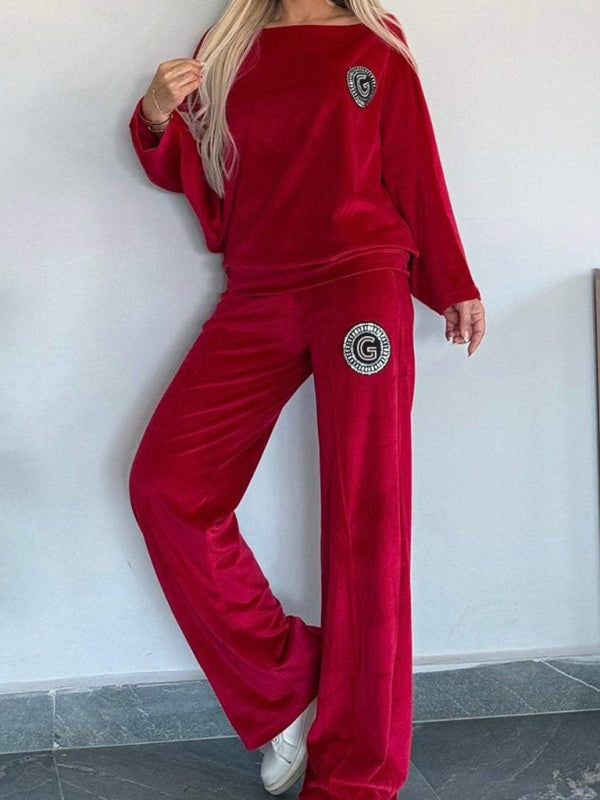 Gold velvet solid color round neck bat sleeves casual two-piece set-[Adult]-[Female]-2022 Online Blue Zone Planet