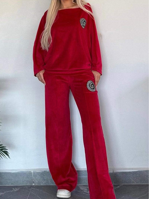 Gold velvet solid color round neck bat sleeves casual two-piece set-[Adult]-[Female]-2022 Online Blue Zone Planet
