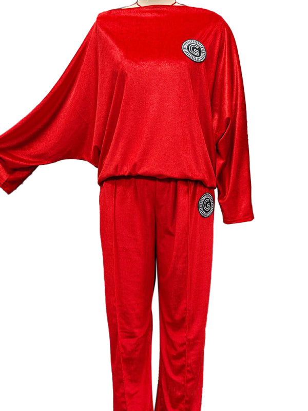Gold velvet solid color round neck bat sleeves casual two-piece set-[Adult]-[Female]-2022 Online Blue Zone Planet