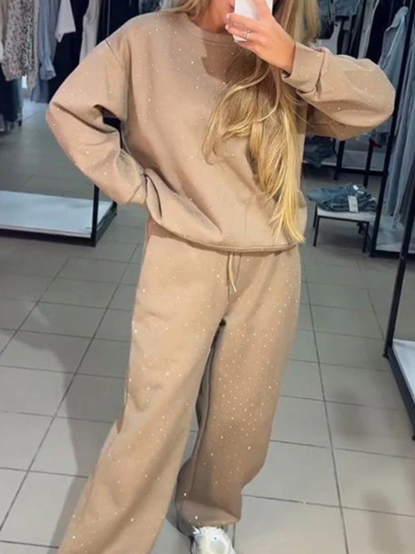 Women's casual round neck long sleeve full body hot diamond drawstring ankle two piece suit-[Adult]-[Female]-Cracker khaki-XS-2022 Online Blue Zone Planet