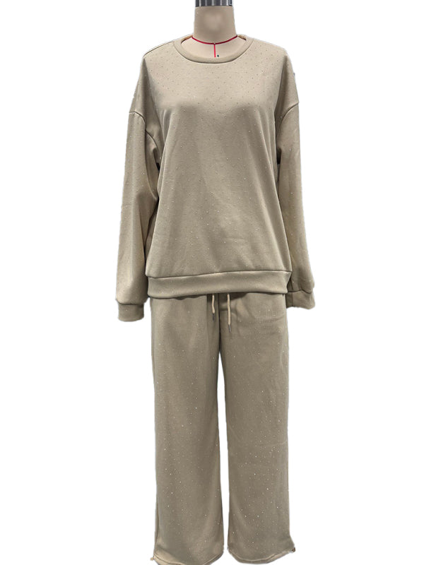 Women's casual round neck long sleeve full body hot diamond drawstring ankle two piece suit-[Adult]-[Female]-2022 Online Blue Zone Planet