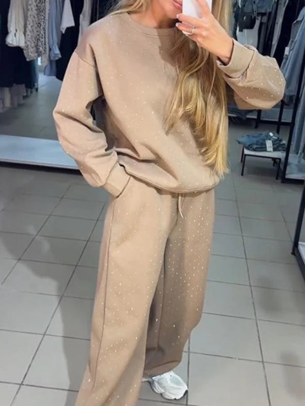 Women's casual round neck long sleeve full body hot diamond drawstring ankle two piece suit-[Adult]-[Female]-2022 Online Blue Zone Planet