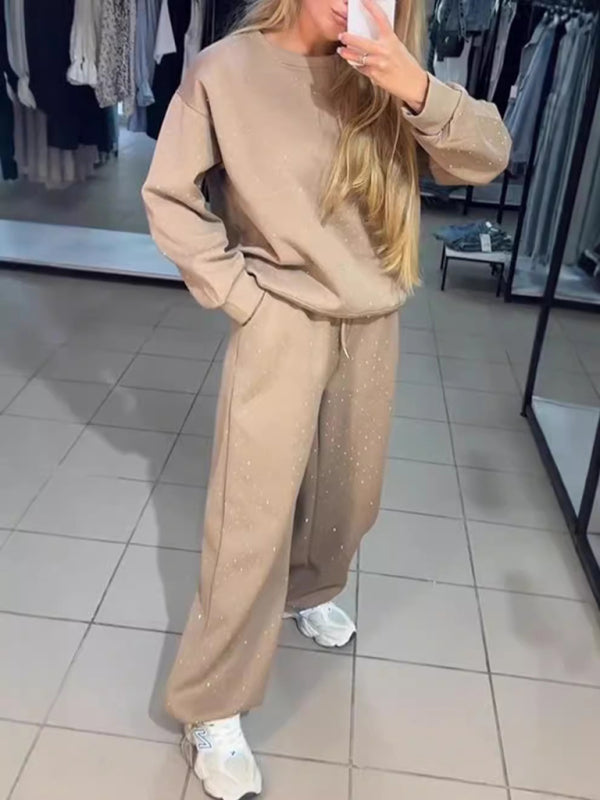 Women's casual round neck long sleeve full body hot diamond drawstring ankle two piece suit-[Adult]-[Female]-2022 Online Blue Zone Planet