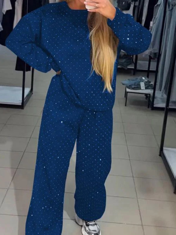 Women's casual round neck long sleeve full body hot diamond drawstring ankle two piece suit-[Adult]-[Female]-2022 Online Blue Zone Planet