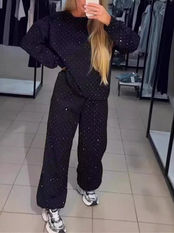 Women's casual round neck long sleeve full body hot diamond drawstring ankle two piece suit-[Adult]-[Female]-Black-XS-2022 Online Blue Zone Planet