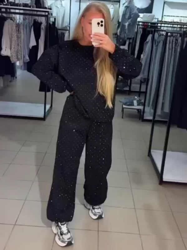 Women's casual round neck long sleeve full body hot diamond drawstring ankle two piece suit-[Adult]-[Female]-2022 Online Blue Zone Planet