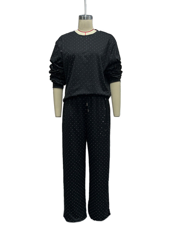 Women's casual round neck long sleeve full body hot diamond drawstring ankle two piece suit-[Adult]-[Female]-2022 Online Blue Zone Planet