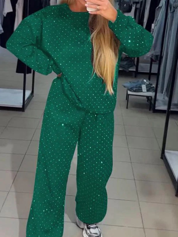 Women's casual round neck long sleeve full body hot diamond drawstring ankle two piece suit-[Adult]-[Female]-2022 Online Blue Zone Planet