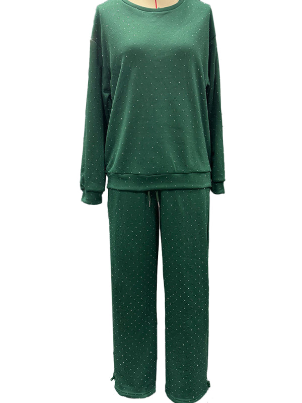 Women's casual round neck long sleeve full body hot diamond drawstring ankle two piece suit-[Adult]-[Female]-2022 Online Blue Zone Planet