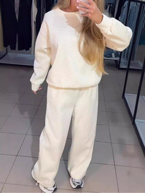 Women's casual round neck long sleeve full body hot diamond drawstring ankle two piece suit-[Adult]-[Female]-2022 Online Blue Zone Planet