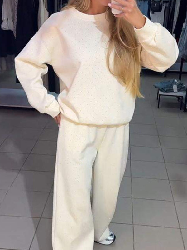 Women's casual round neck long sleeve full body hot diamond drawstring ankle two piece suit-[Adult]-[Female]-White-XS-2022 Online Blue Zone Planet