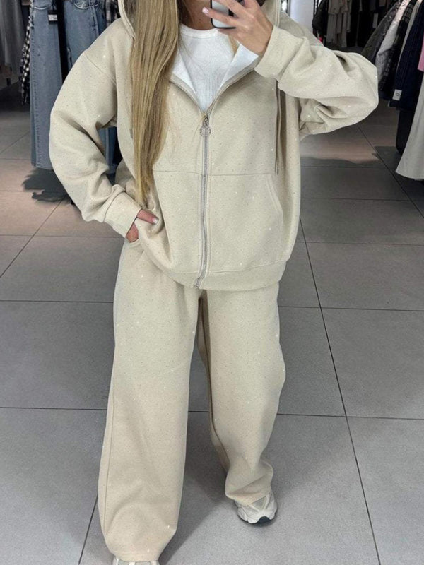 Hooded long-sleeved full-body rhinestone drawstring ankle two-piece set-[Adult]-[Female]-Cracker khaki-XS-2022 Online Blue Zone Planet