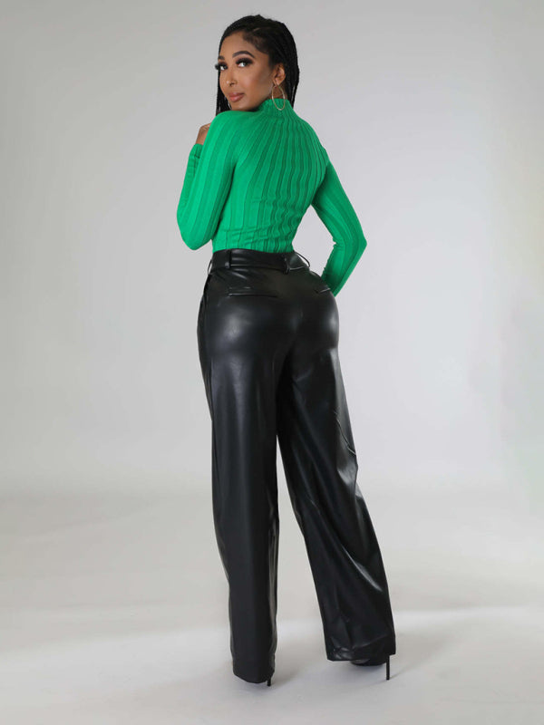 Women's Loose Wide-leg Pocket Casual Leather Pants-[Adult]-[Female]-2022 Online Blue Zone Planet