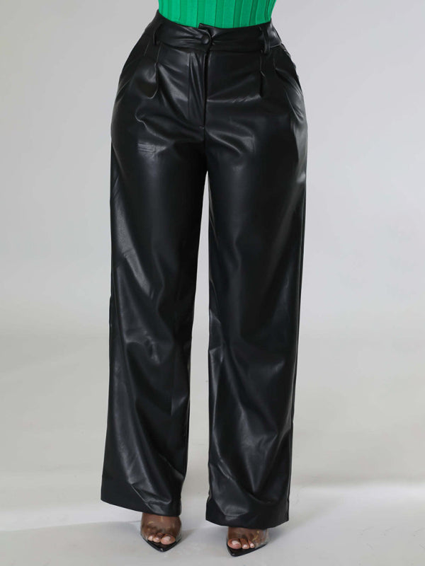 Women's Loose Wide-leg Pocket Casual Leather Pants-[Adult]-[Female]-2022 Online Blue Zone Planet