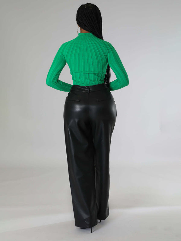 Women's Loose Wide-leg Pocket Casual Leather Pants-[Adult]-[Female]-2022 Online Blue Zone Planet
