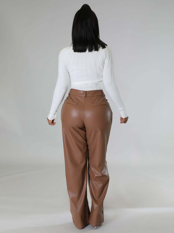 Women's Loose Wide-leg Pocket Casual Leather Pants-[Adult]-[Female]-2022 Online Blue Zone Planet