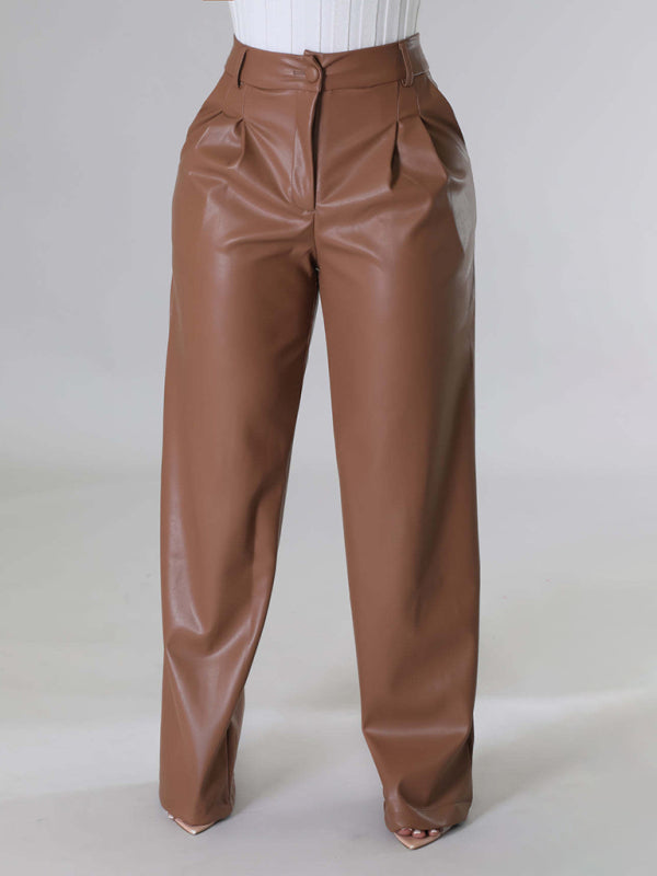 Women's Loose Wide-leg Pocket Casual Leather Pants-[Adult]-[Female]-2022 Online Blue Zone Planet
