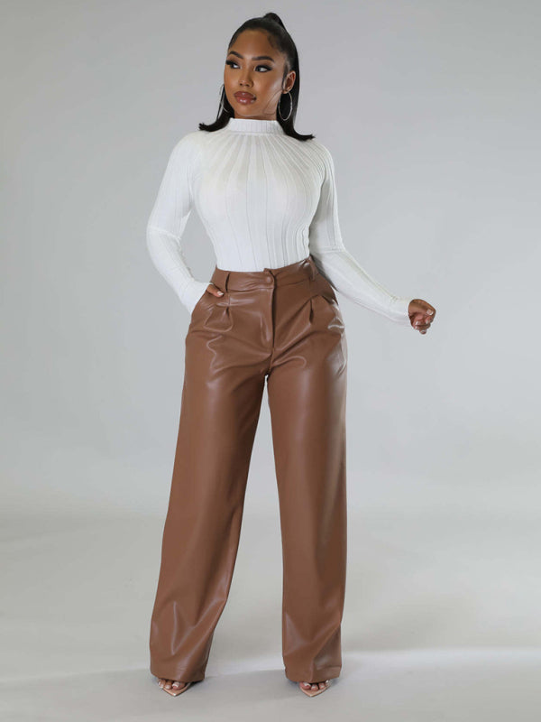 Women's Loose Wide-leg Pocket Casual Leather Pants-[Adult]-[Female]-Dark Brown-S-2022 Online Blue Zone Planet