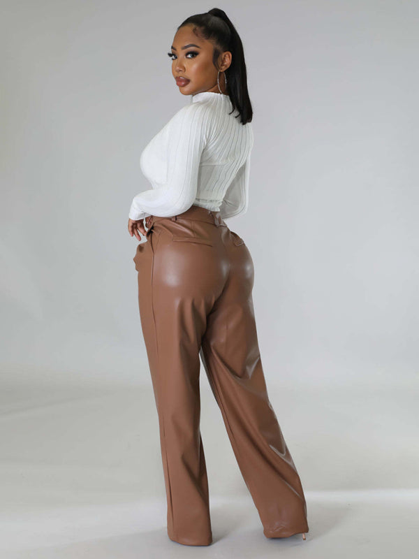 Women's Loose Wide-leg Pocket Casual Leather Pants-[Adult]-[Female]-2022 Online Blue Zone Planet