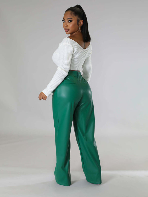 Women's Loose Wide-leg Pocket Casual Leather Pants-[Adult]-[Female]-2022 Online Blue Zone Planet