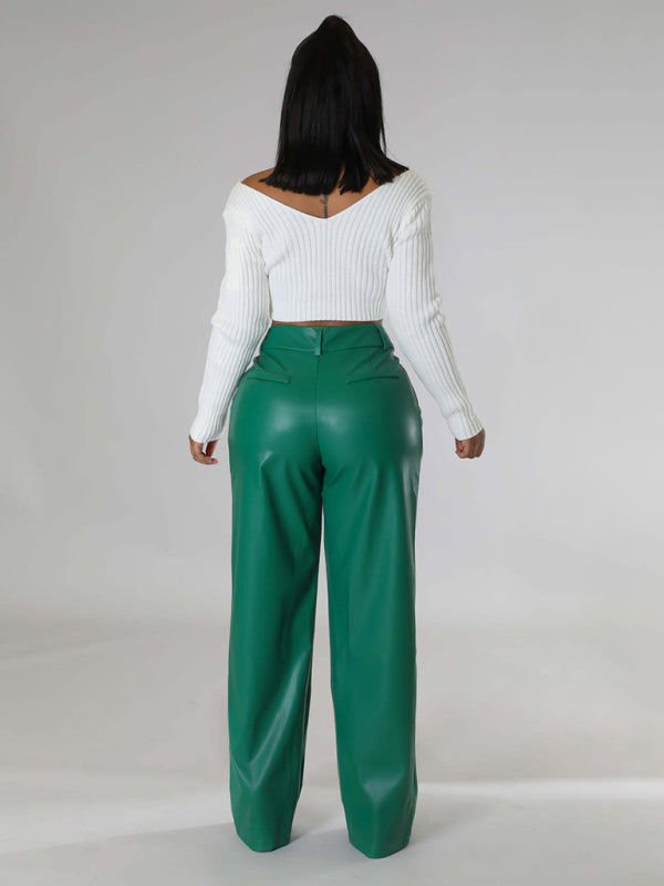 Women's Loose Wide-leg Pocket Casual Leather Pants-[Adult]-[Female]-2022 Online Blue Zone Planet