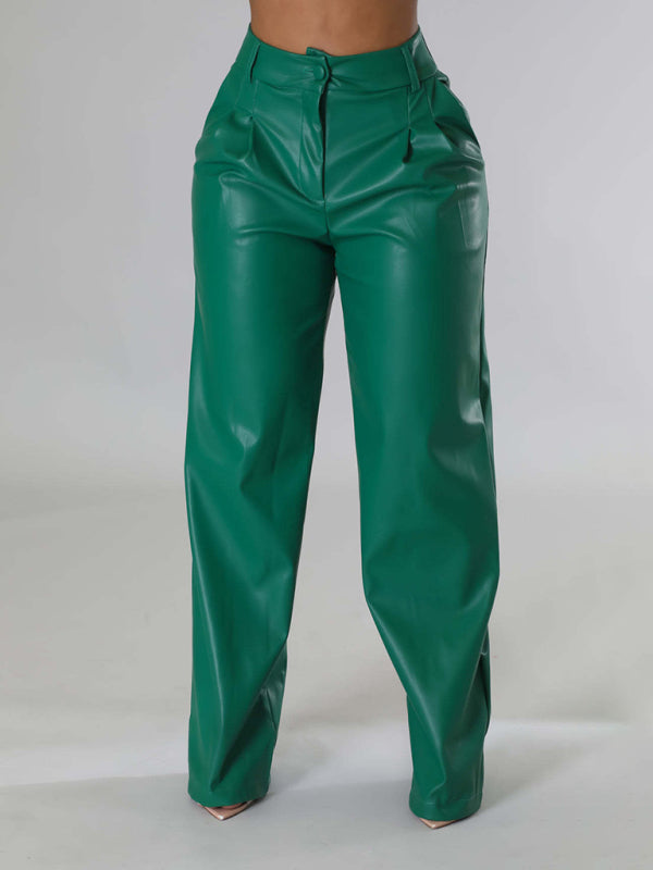 Women's Loose Wide-leg Pocket Casual Leather Pants-[Adult]-[Female]-2022 Online Blue Zone Planet