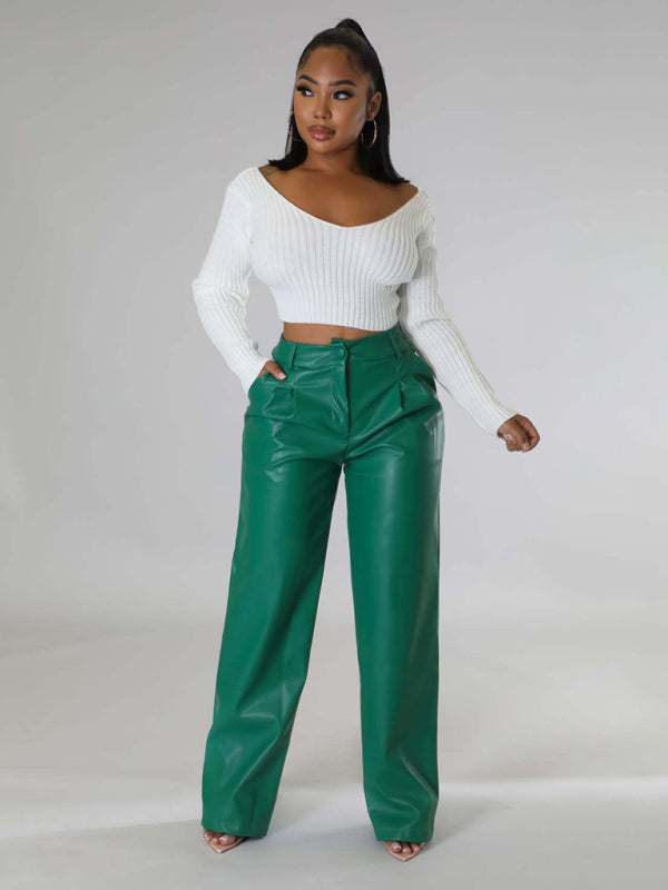 Women's Loose Wide-leg Pocket Casual Leather Pants-[Adult]-[Female]-Green-S-2022 Online Blue Zone Planet
