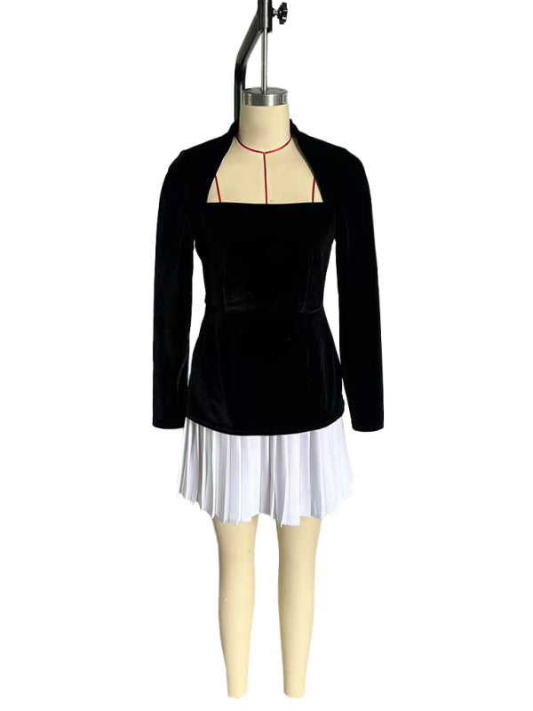 Fashionable and personalized long-sleeved color-blocked pleated hem mini skirt dress-[Adult]-[Female]-2022 Online Blue Zone Planet