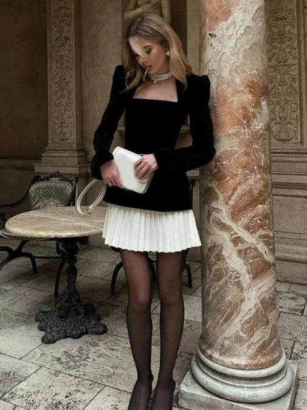 Fashionable and personalized long-sleeved color-blocked pleated hem mini skirt dress-[Adult]-[Female]-2022 Online Blue Zone Planet