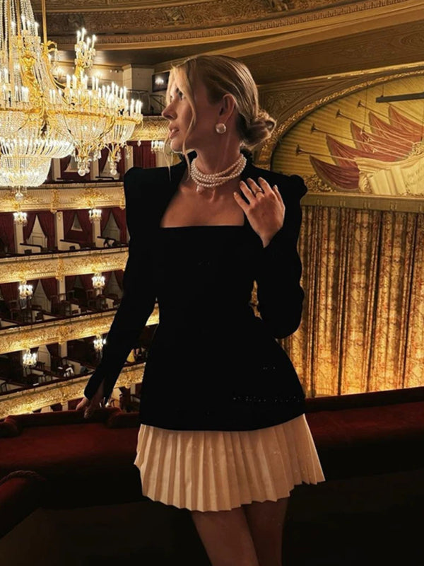 Fashionable and personalized long-sleeved color-blocked pleated hem mini skirt dress-[Adult]-[Female]-2022 Online Blue Zone Planet