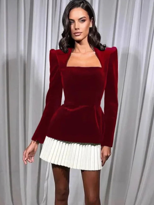 Fashionable and personalized long-sleeved color-blocked pleated hem mini skirt dress-[Adult]-[Female]-Wine Red-S-2022 Online Blue Zone Planet