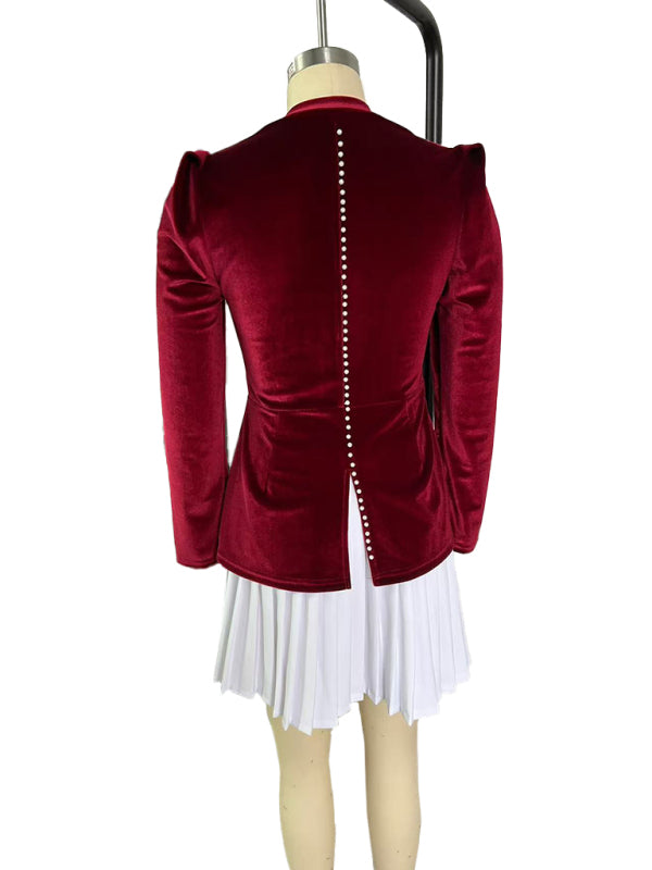Fashionable and personalized long-sleeved color-blocked pleated hem mini skirt dress-[Adult]-[Female]-2022 Online Blue Zone Planet